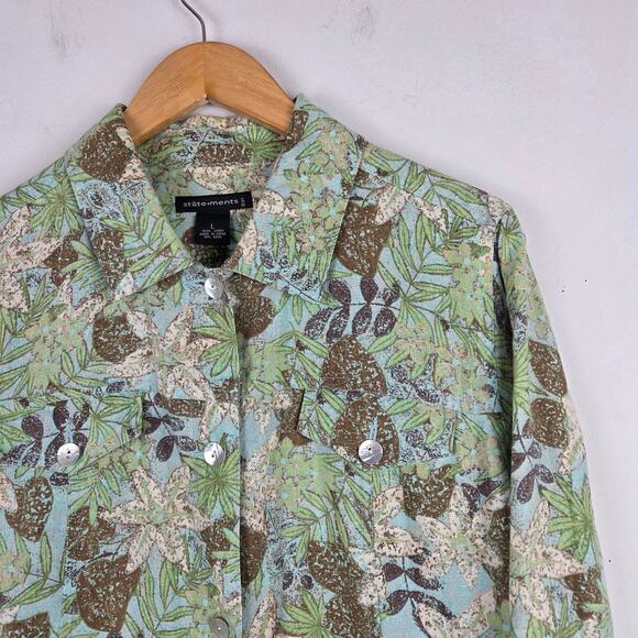 Statements‎ Green Brown Leaf Floral Linen Lightweight Jacket Size Large Tropical - Picture 2 of 8